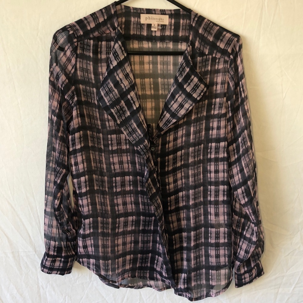 Philosophy Patterned Sheer Button Up Blouse